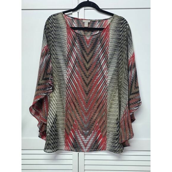 CHICOS Semi-Sheer PONCHO Red / Brown Caftan Top Blouse Artsy Coastal Size L/XL - Picture 1 of 6